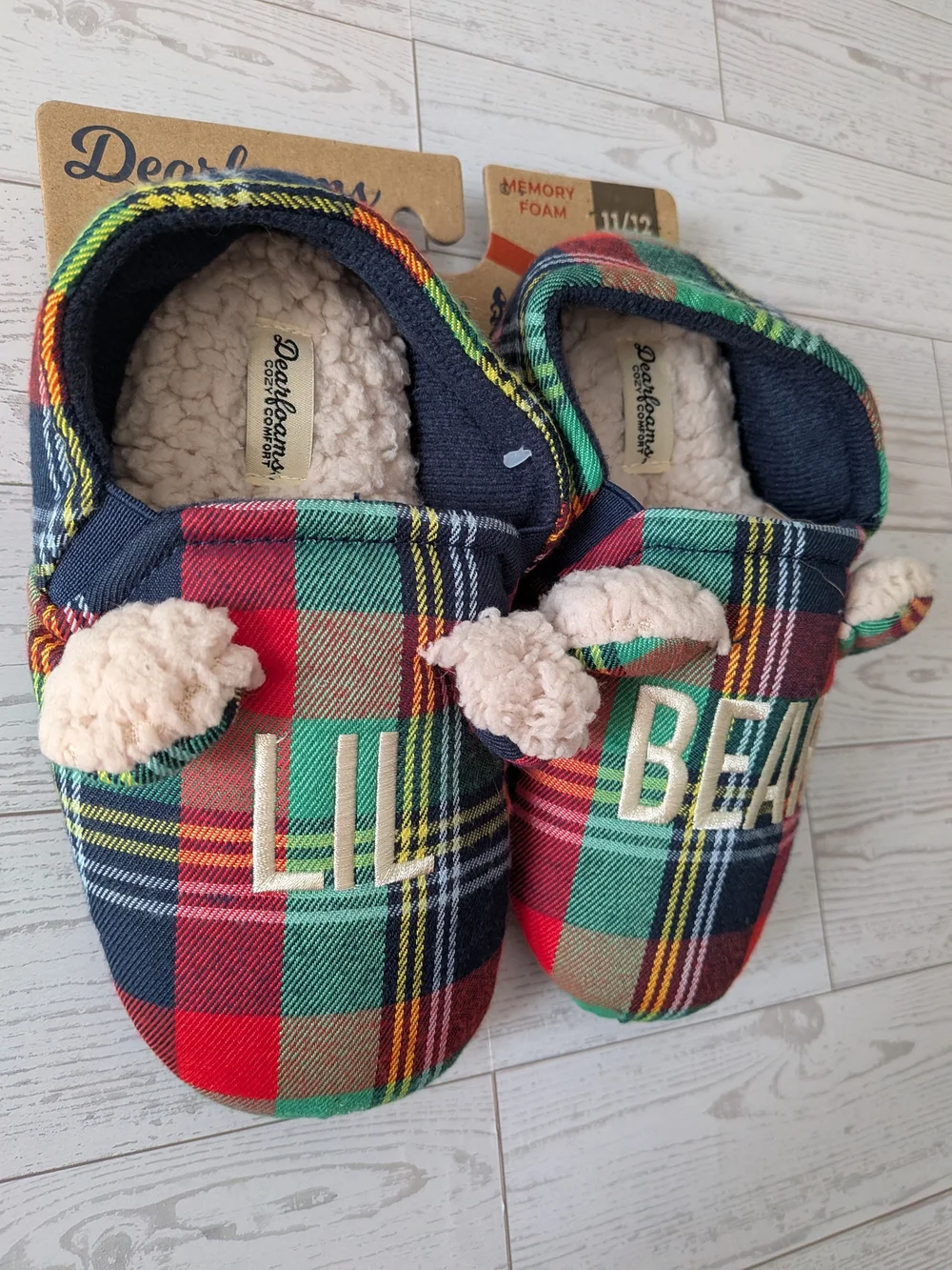 Dearfoams Kids 'Lil Bear' Plaid Memory Foam Slippers - Red/Green